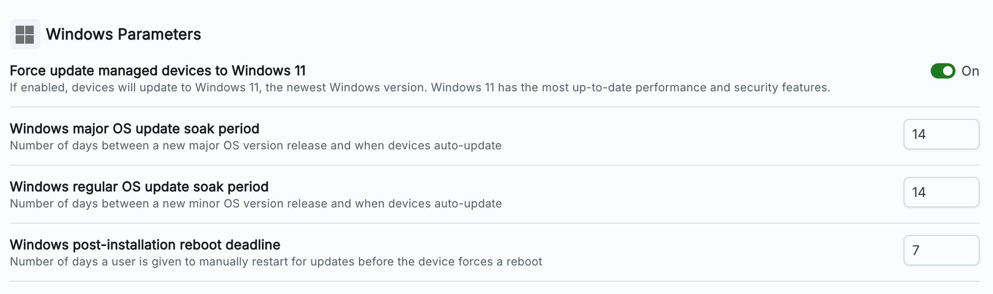 Zip parameters for Intune-managed updates