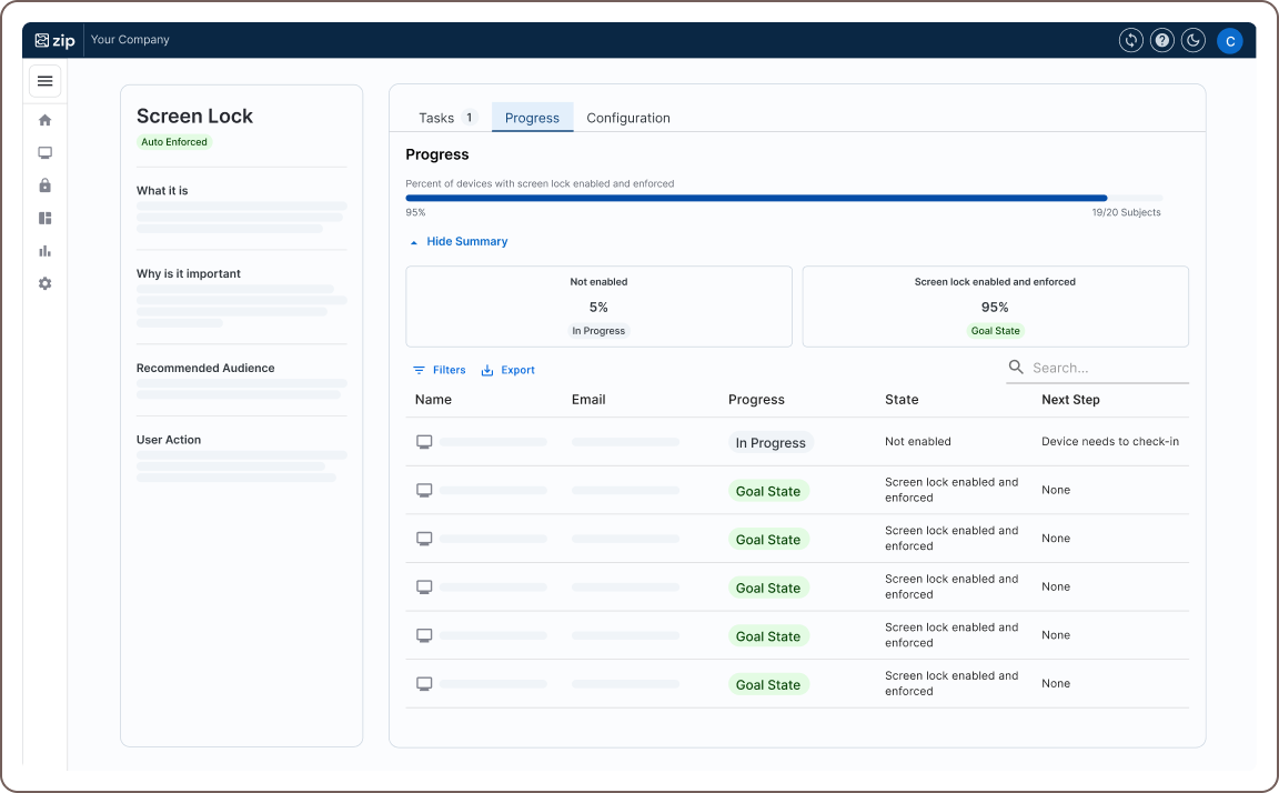 Zip app MDM control screen