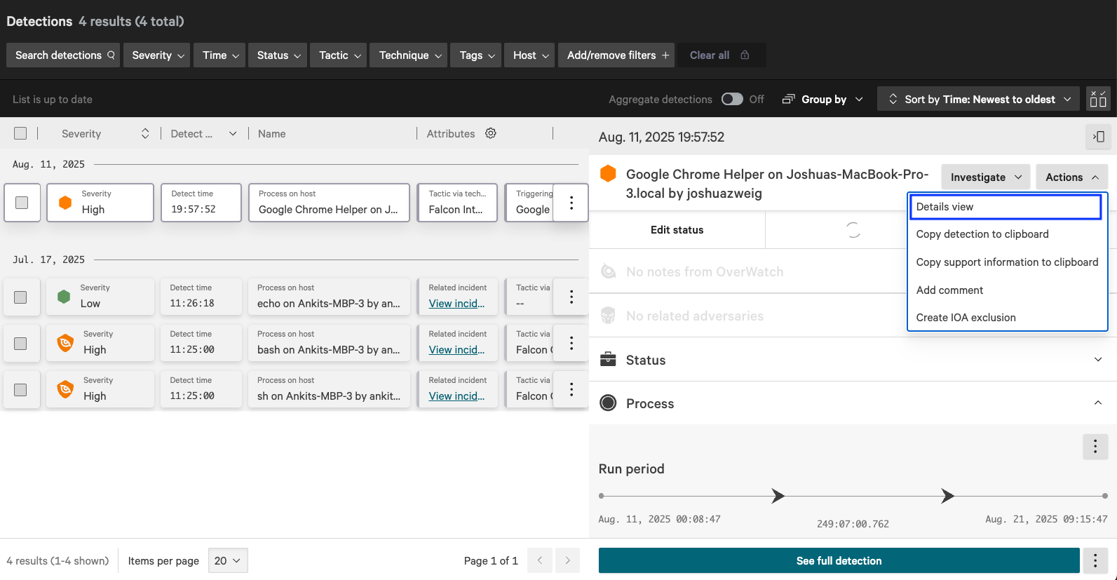 Viewing a detection summary and the Actions menu