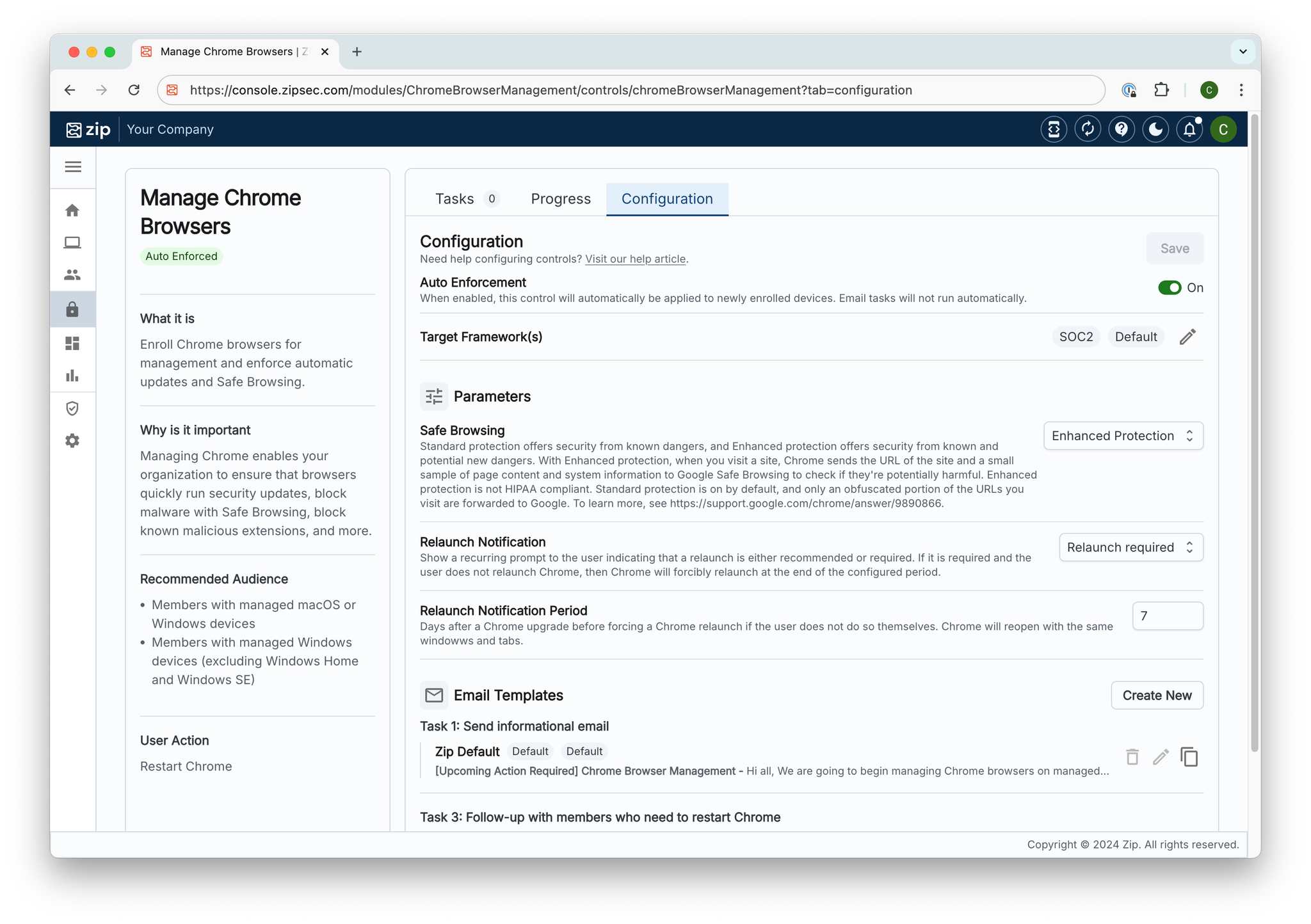 Zip’s Manage Chrome Browsers control with configurable settings