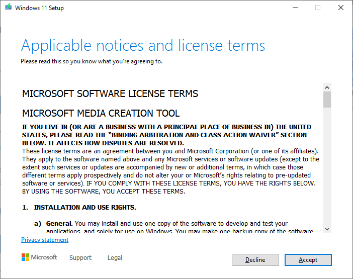 Accept the Microsoft License Agreement
